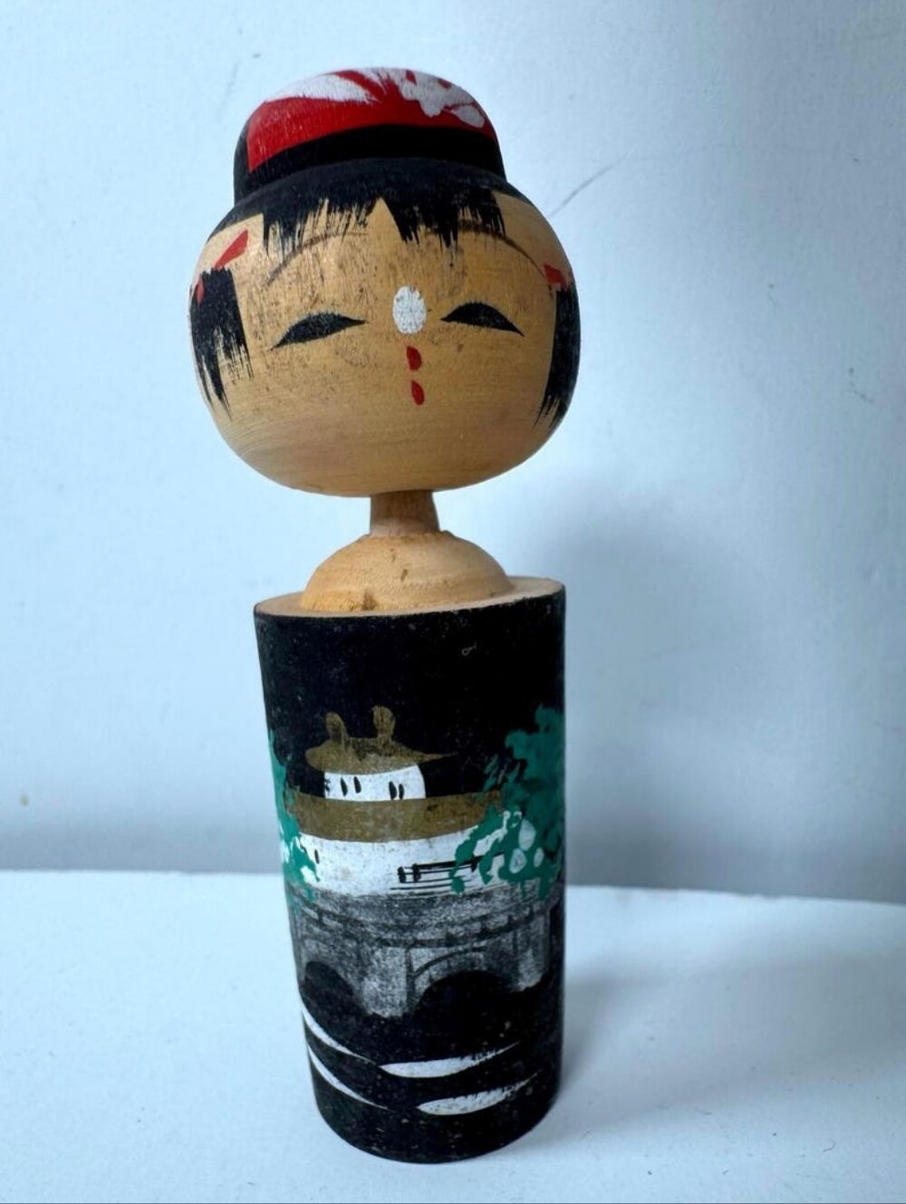 Hand-Painted Black and Natural Wooden Kokeshi Doll